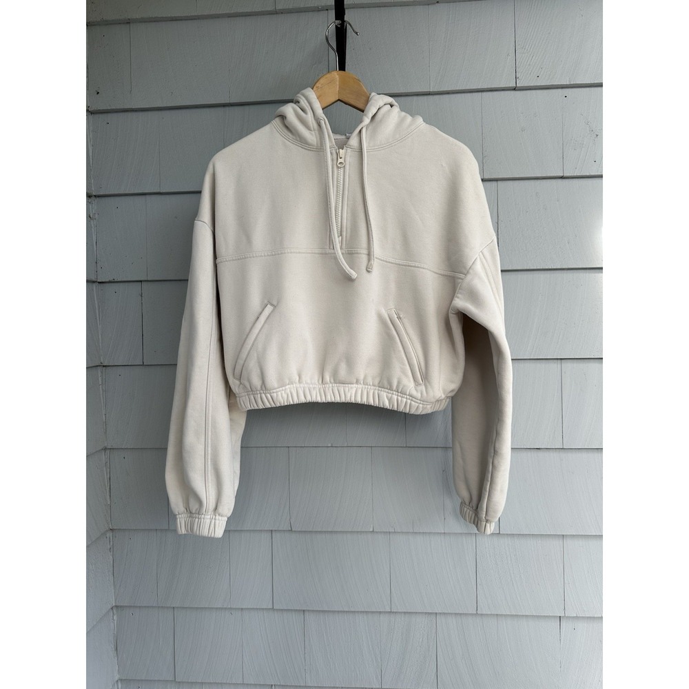 Alo Yoga Cropped Half Zip Hoodie Sweatshirt Ivory Cream Fleece Athleisure Sz S